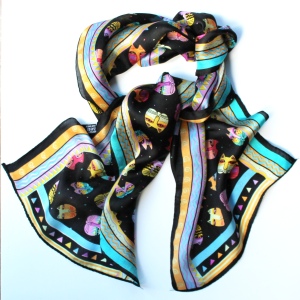 Multi Cat Silk Scarf With Black Background